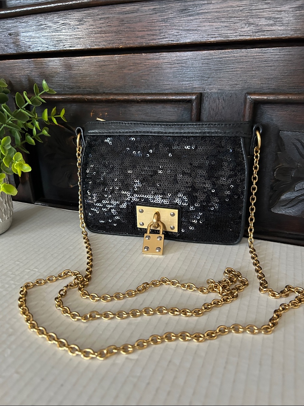 Alexis Hudson Black Sequin Crossbody with Gold Chain & Padlock